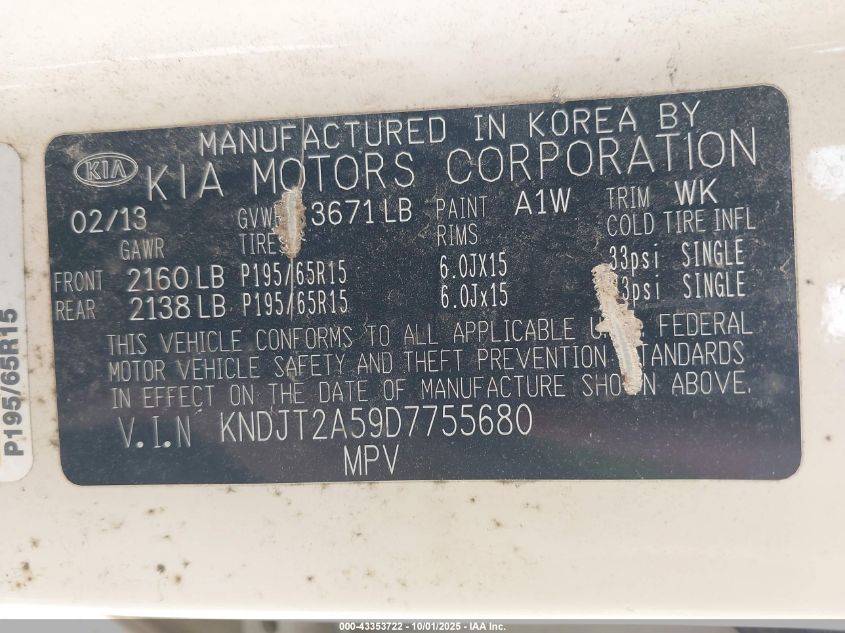 2013 Kia Soul VIN: KNDJT2A59D7755680 Lot: 43353722