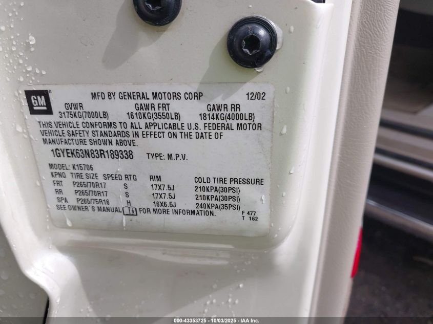 2003 Cadillac Escalade Standard VIN: 1GYEK63N83R189338 Lot: 43353725