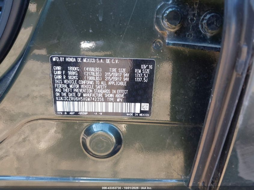 2016 Honda Hr-V Ex VIN: 3CZRU6H5XGM742356 Lot: 43353730