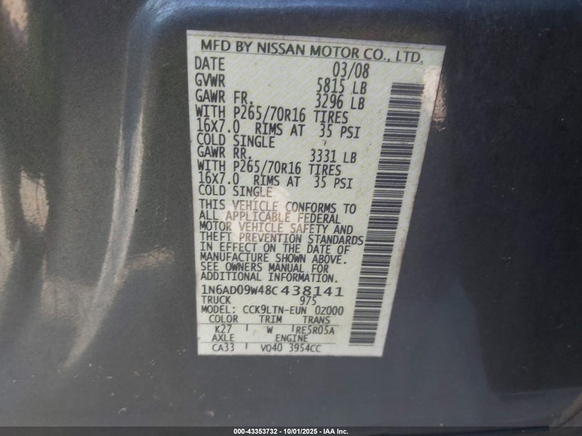 2008 Nissan Frontier Se VIN: 1N6AD09W48C438141 Lot: 43353732