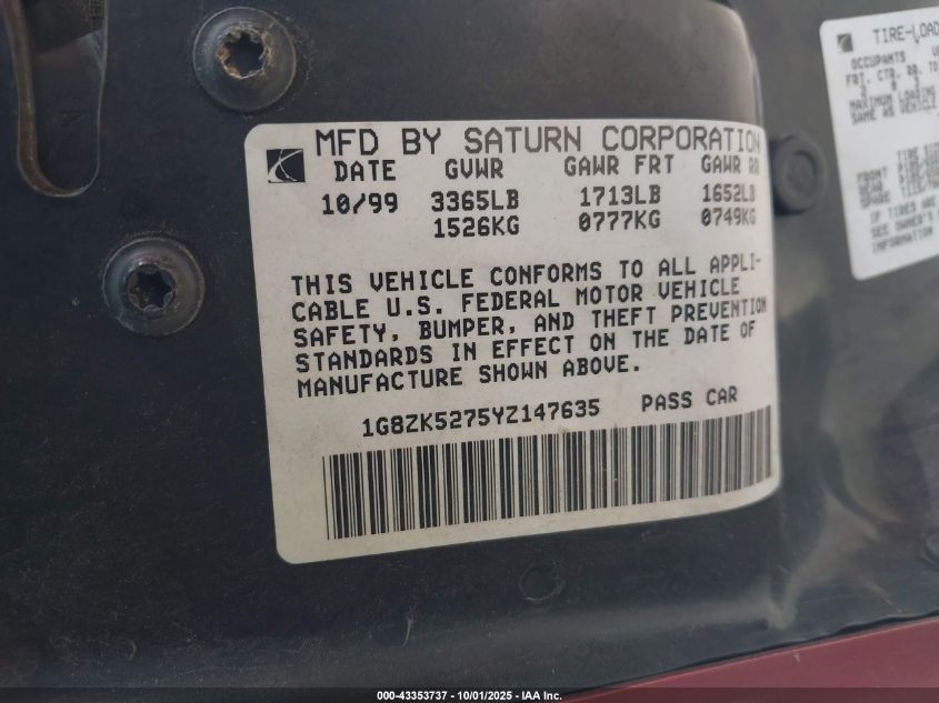 2000 Saturn Sl2 VIN: 1G8ZK5275YZ147635 Lot: 43353737
