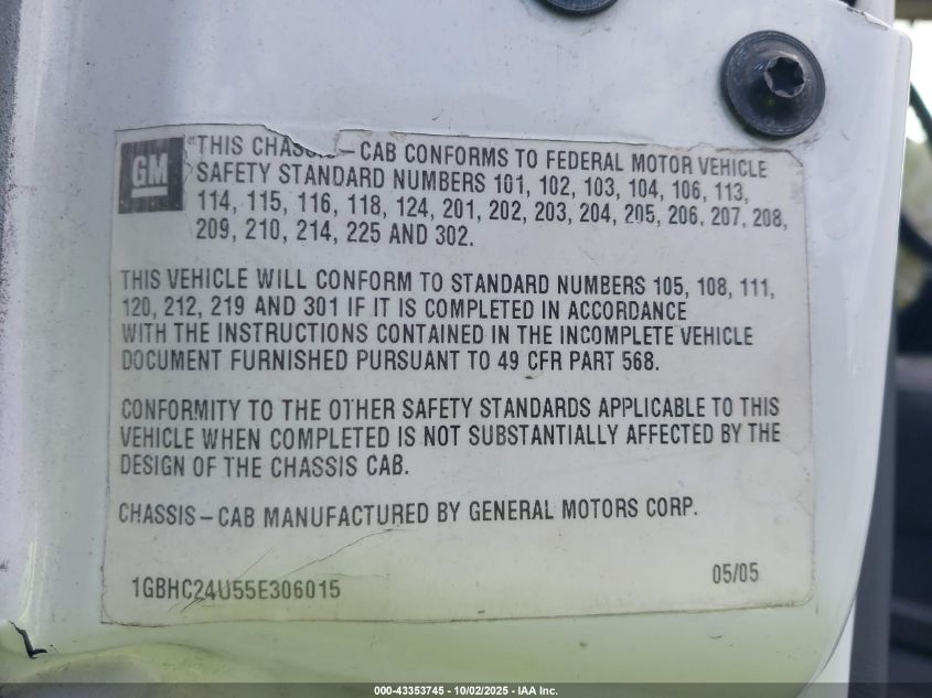 2005 Chevrolet Silverado 2500Hd Work Truck VIN: 1GBHC24U55E306015 Lot: 43353745