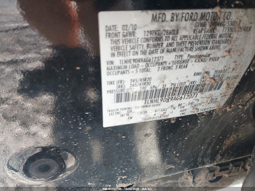 2010 Lincoln Mks VIN: 1LNHL9DR9AG612371 Lot: 43353748