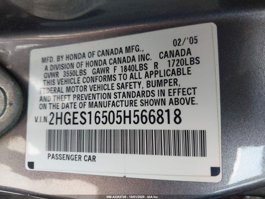2005 Honda Civic Lx VIN: 2HGES16505H566818 Lot: 43353749