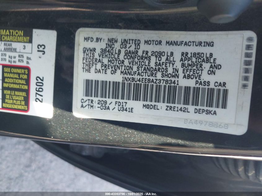 2010 Toyota Corolla S VIN: 1NXBU4EE8AZ378341 Lot: 43353756