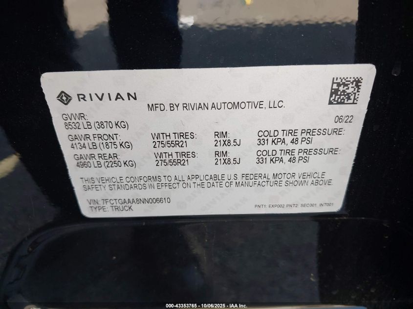 2022 Rivian R1T Adventure VIN: 7FCTGAAA8NN006610 Lot: 43353765
