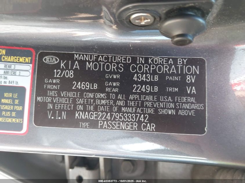 2009 Kia Optima Sx V6 VIN: KNAGE224795333742 Lot: 43353773