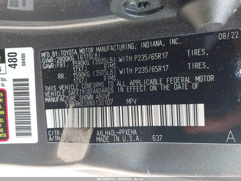 2022 TOYOTA SIENNA LE - 5TDKRKEC6NS130107