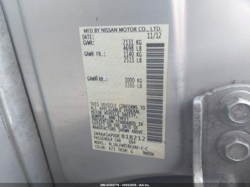 2013 Nissan Maxima 3.5 Sv VIN: 1N4AA5APXDC818212 Lot: 43353776