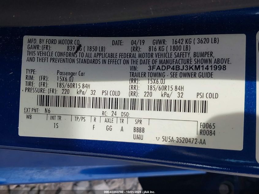 2019 Ford Fiesta Se VIN: 3FADP4BJ3KM141998 Lot: 43353780