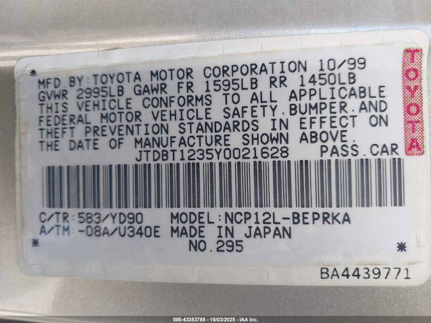 2000 Toyota Echo VIN: JTDBT1235Y0021628 Lot: 43353788