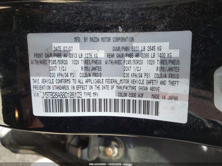 2008 Mazda Cx-9 Grand Touring VIN: JM3TB28A880128103 Lot: 43353805