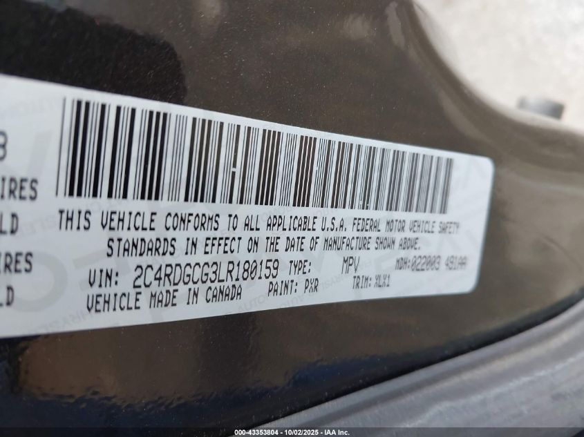 2020 Dodge Grand Caravan Sxt VIN: 2C4RDGCG3LR180159 Lot: 43353804