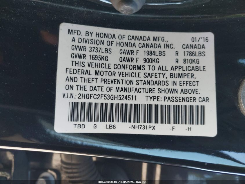 2016 Honda Civic Lx VIN: 2HGFC2F53GH524511 Lot: 43353813