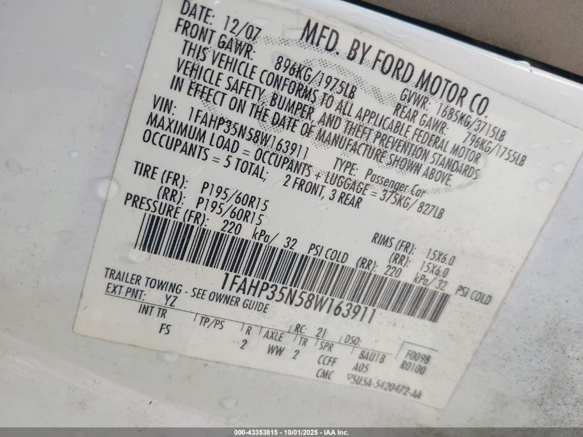 2008 Ford Focus Se/Ses VIN: 1FAHP35N58W163911 Lot: 43353815