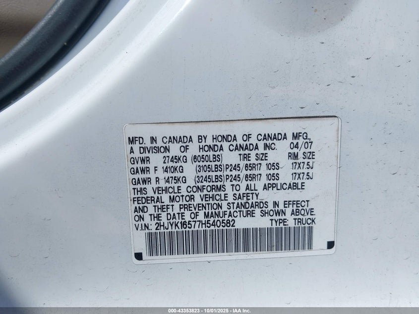 2007 Honda Ridgeline Rtl VIN: 2HJYK16577H540582 Lot: 43353823