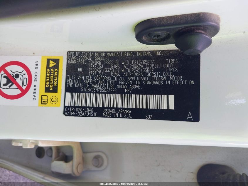 2011 Toyota Highlander Se VIN: 5TDZK3EH7BS027293 Lot: 43353832