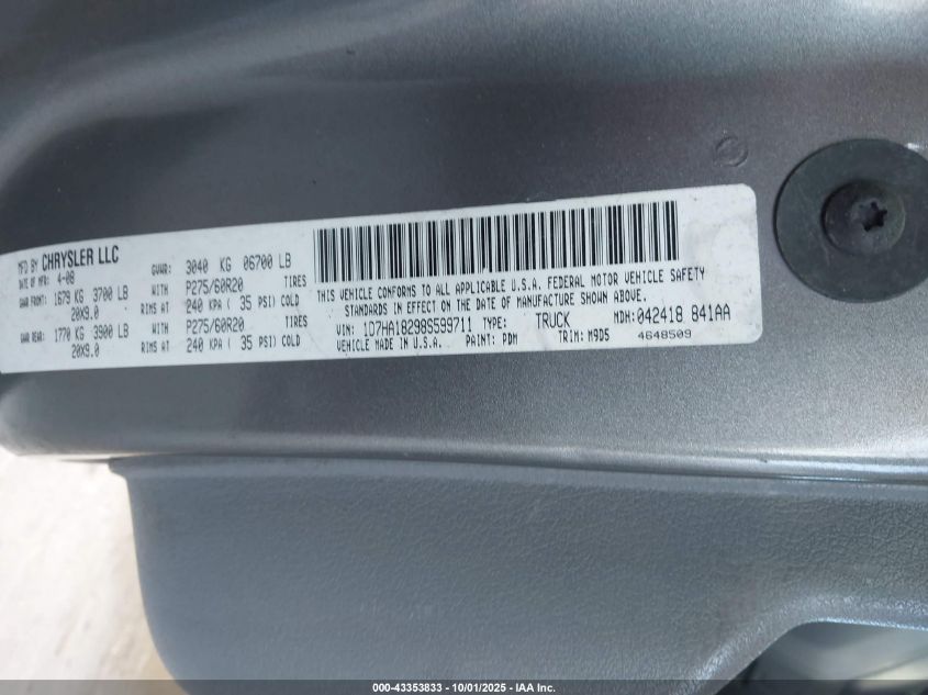 2008 Dodge Ram 1500 Slt VIN: 1D7HA18298S599711 Lot: 43353833