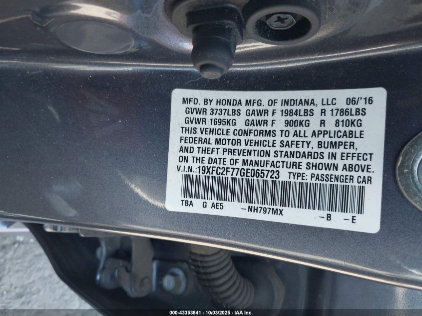 2016 Honda Civic Ex VIN: 19XFC2F77GE065723 Lot: 43353841