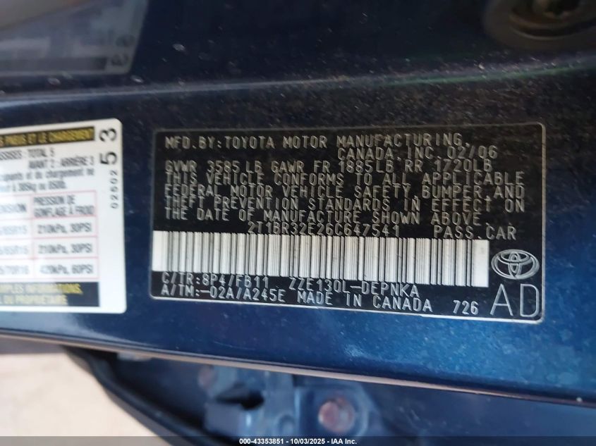 2006 Toyota Corolla Le VIN: 2T1BR32E26C647541 Lot: 43353851