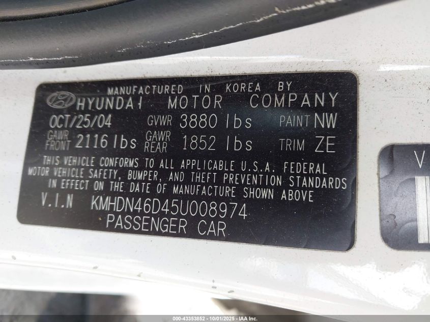 2005 Hyundai Elantra Gls/Gt VIN: KMHDN46D45U008974 Lot: 43353852