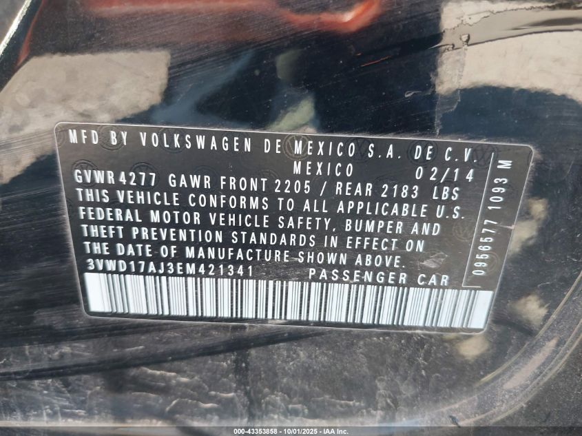 2014 Volkswagen Jetta 1.8T Se VIN: 3VWD17AJ3EM421341 Lot: 43353858