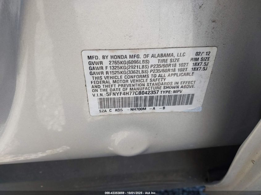 2012 Honda Pilot Ex-L VIN: 5FNYF4H77CB042357 Lot: 43353859