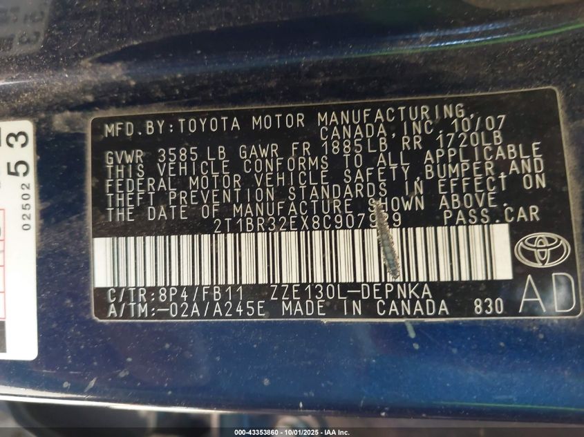 2008 Toyota Corolla Le VIN: 2T1BR32EX8C907929 Lot: 43353860