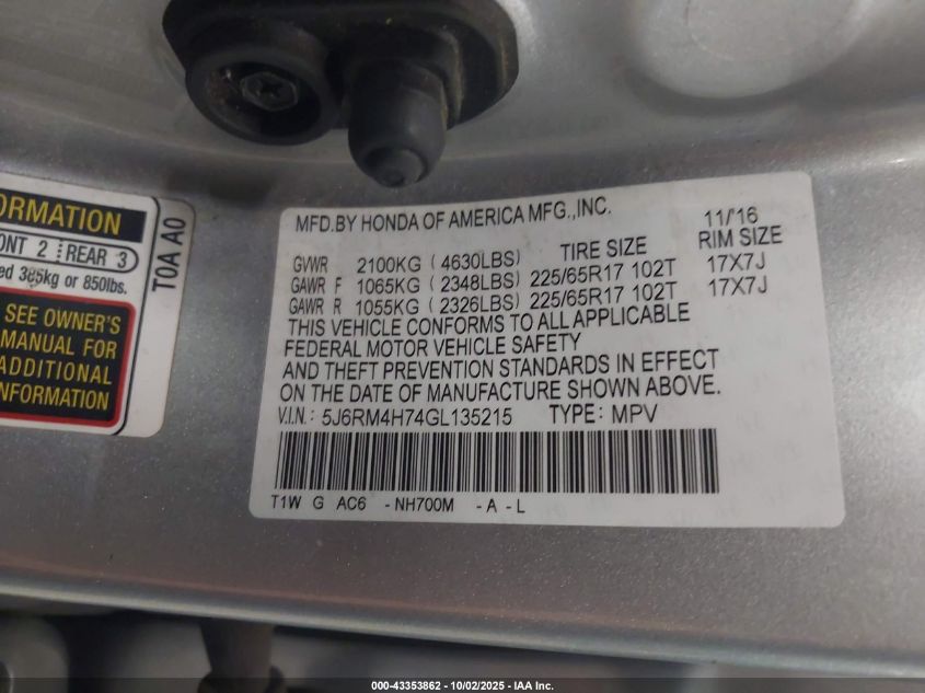 2016 Honda Cr-V Ex-L VIN: 5J6RM4H74GL135215 Lot: 43353862