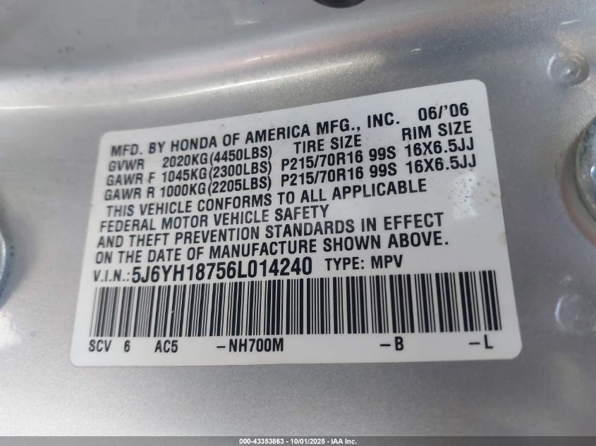 2006 Honda Element Ex-P VIN: 5J6YH18756L014240 Lot: 43353863