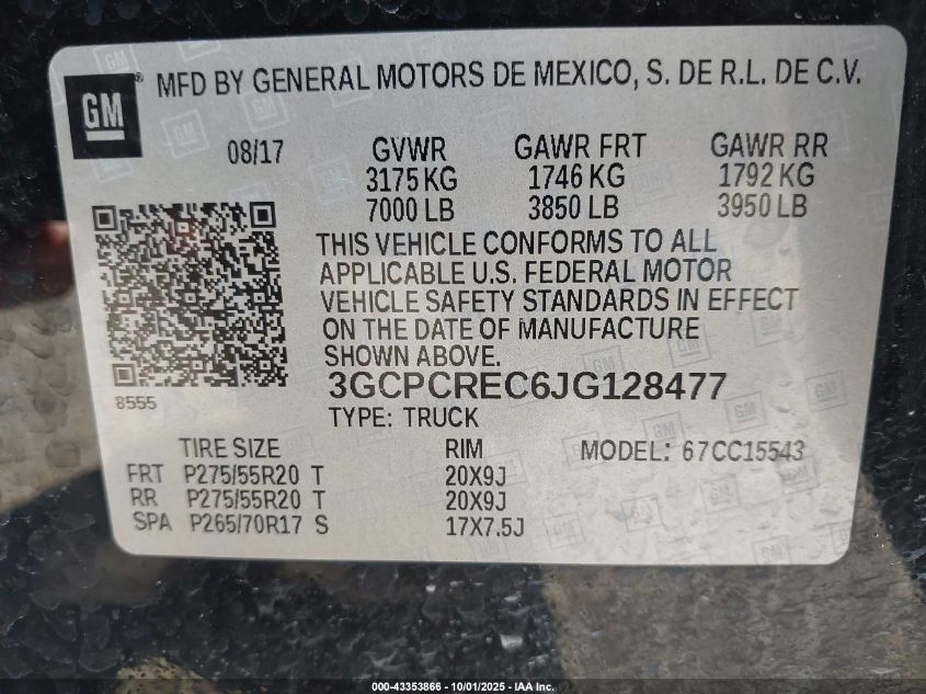 2018 Chevrolet Silverado 1500 1Lt VIN: 3GCPCREC6JG128477 Lot: 43353866