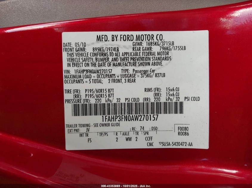 2010 Ford Focus Se VIN: 1FAHP3FN0AW270157 Lot: 43353869