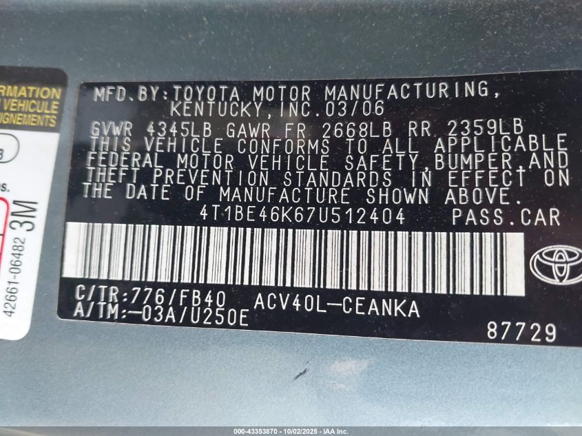 2007 Toyota Camry Le VIN: 4T1BE46K67U512404 Lot: 43353870