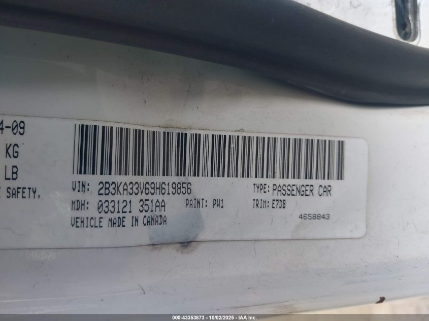 2009 Dodge Charger Sxt VIN: 2B3KA33V69H619856 Lot: 43353873