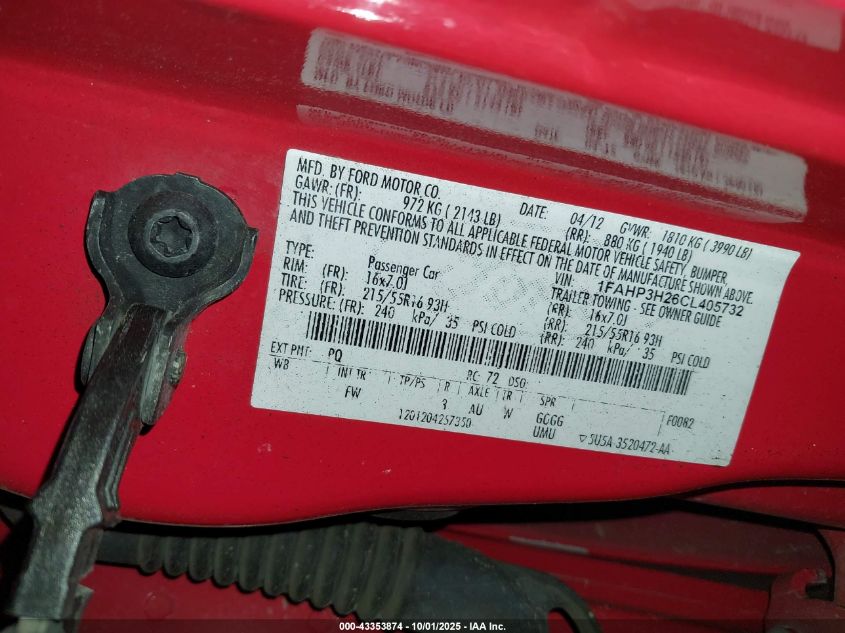 2012 Ford Focus Sel VIN: 1FAHP3H26CL405732 Lot: 43353874