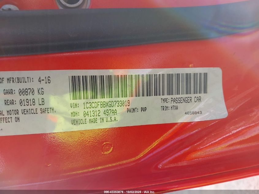 2016 Dodge Dart Sxt VIN: 1C3CDFBBXGD733019 Lot: 43353876