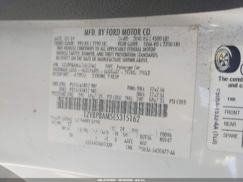 2014 Ford Mustang V6 VIN: 1ZVBP8AM5E5315162 Lot: 43353880
