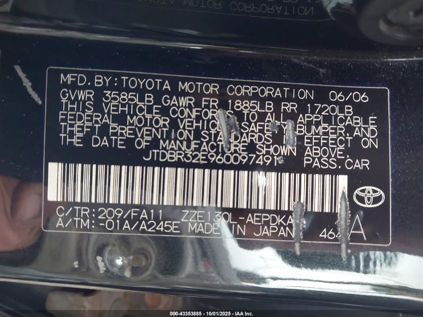 2006 Toyota Corolla Ce VIN: JTDBR32E960097491 Lot: 43353885