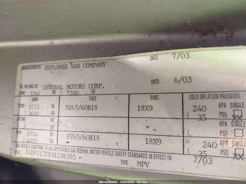 2003 GMC Savana Cutaway Standard/Standard W/C7L/C7N VIN: 1GDFG15T831238395 Lot: 43353888