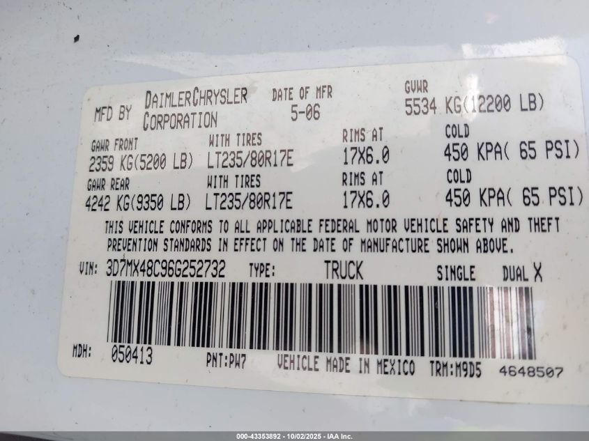 2006 Dodge Ram 3500 Slt/Sport VIN: 3D7MX48C96G252732 Lot: 43353892