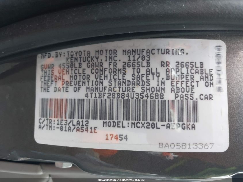 2004 Toyota Avalon Xls VIN: 4T1BF28B84U354688 Lot: 43353926