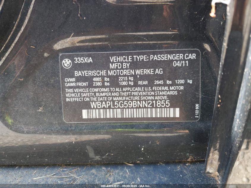 2011 BMW 335I xDrive VIN: WBAPL5G59BNN21855 Lot: 43353931