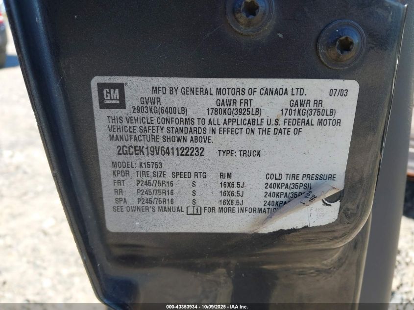 2004 Chevrolet Silverado 1500 VIN: 2GCEK19V641122232 Lot: 43353934