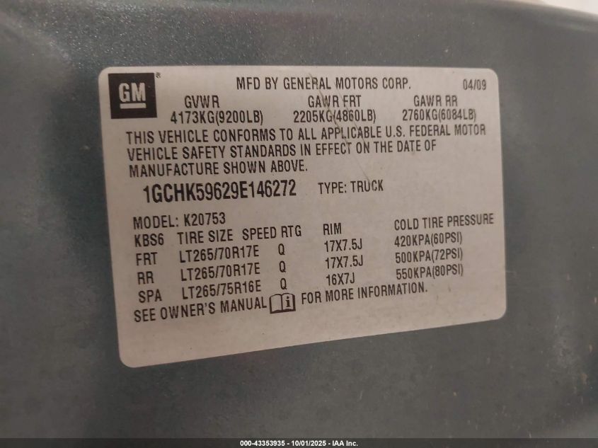 2009 Chevrolet Silverado 2500Hd Lt VIN: 1GCHK59629E146272 Lot: 43353935
