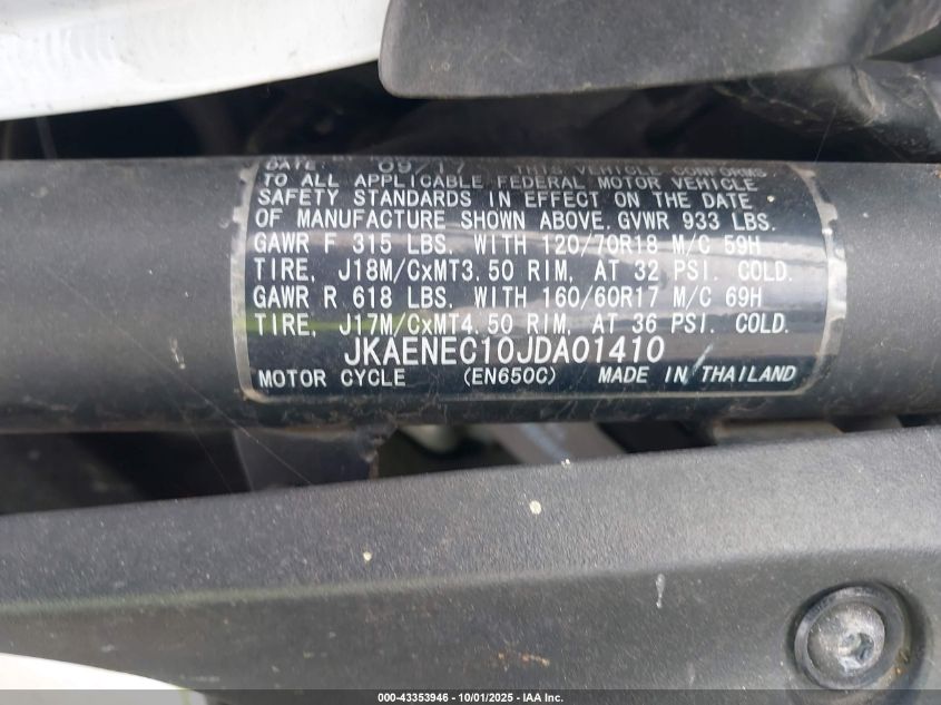 2018 Kawasaki En650 C VIN: JKAENEC10JDA01410 Lot: 43353946