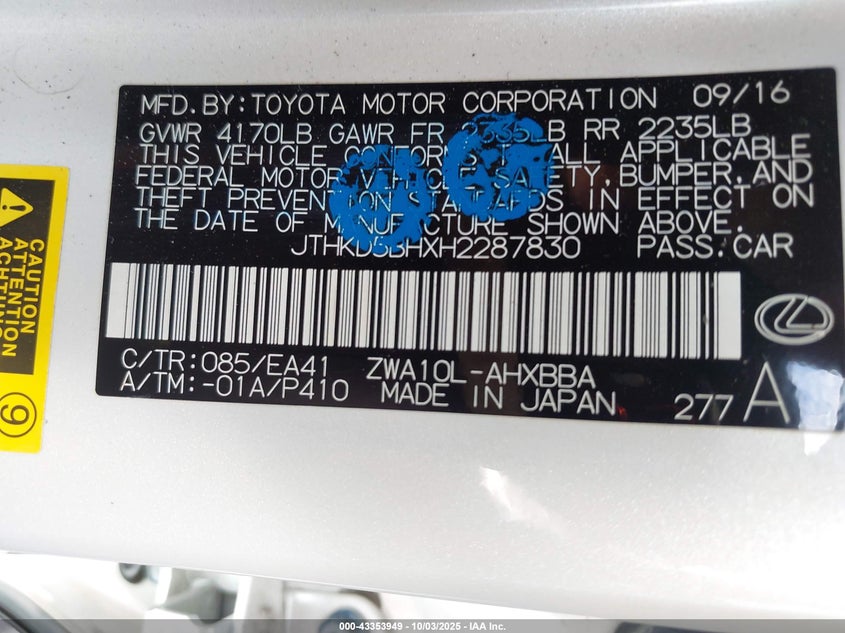 2017 LEXUS CT 200H - JTHKD5BHXH2287830