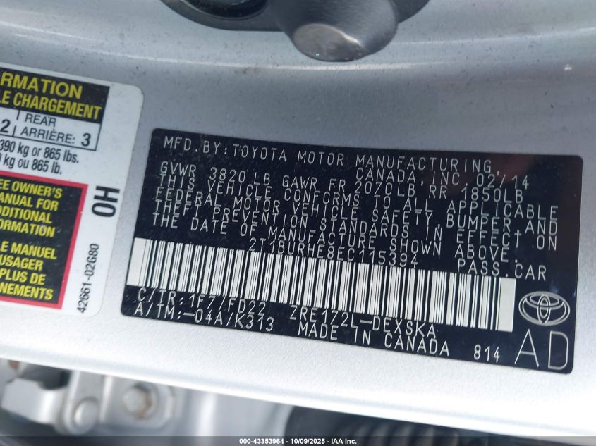 2014 Toyota Corolla S Plus VIN: 2T1BURHE8EC115394 Lot: 43353964