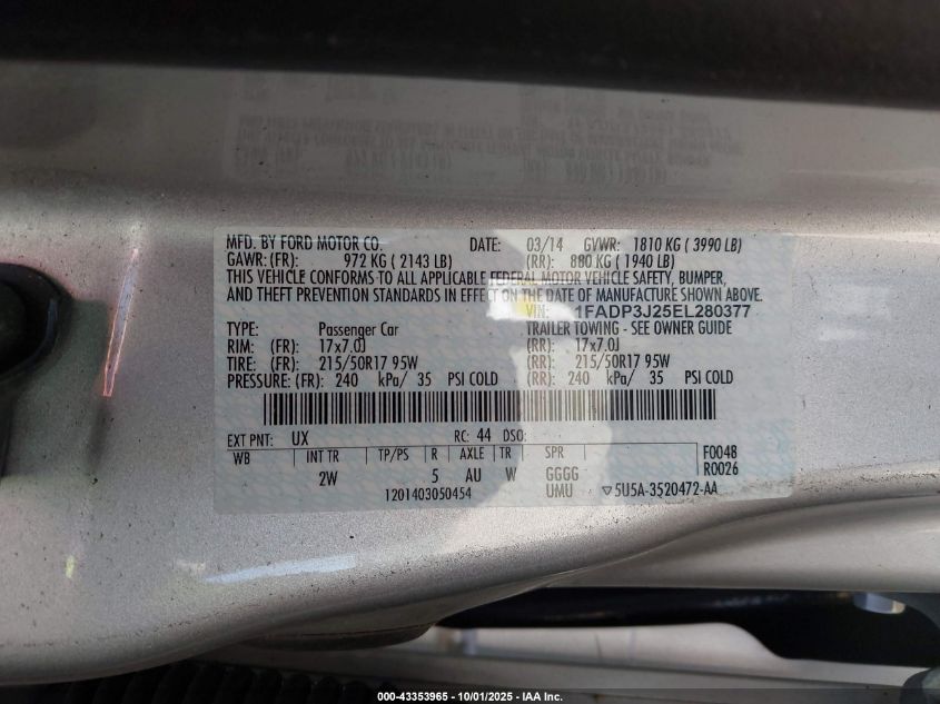 2014 Ford Focus Titanium VIN: 1FADP3J25EL280377 Lot: 43353965