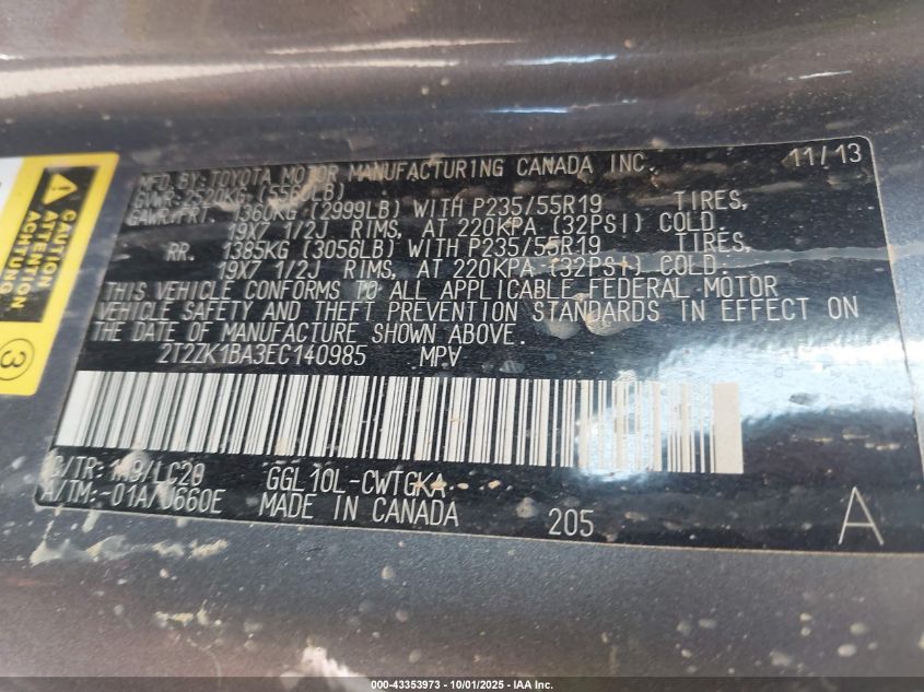 2014 Lexus Rx 350 VIN: 2T2ZK1BA3EC140985 Lot: 43353973