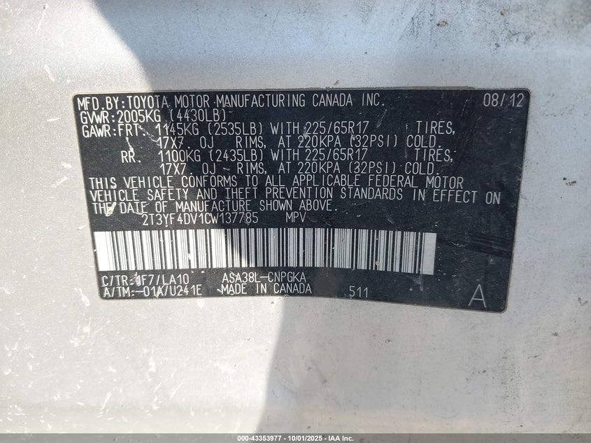 2012 Toyota Rav4 Limited VIN: 2T3YF4DV1CW137785 Lot: 43353977